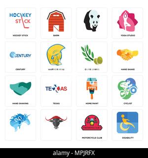Set Of 16 simple editable icons such as disability, motorcycle club, , cyclist, hockey stick, century, hand shaking, olive leaves can be used for mobi Stock Vector