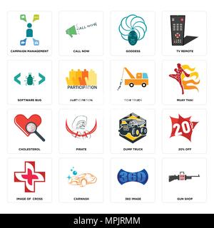 Set Of 16 simple editable icons such as gun shop, 360 image, carwash, image of  cross, 20% off, campaign management, software bug, cholesterol, tow tr Stock Vector