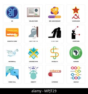 Set Of 16 simple editable icons such as abacus, catering, obesity, video call, hunger, er, scratch card, waterfall, execution can be used for mobile,  Stock Vector