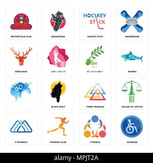 Set Of 16 simple editable icons such as disabled, 3 people, running club, triangle, scales of justice, motorcycle deer head, , olive branch can be use Stock Vector