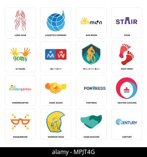 Set Of 16 simple editable icons such as century, hand shaking, warrior head, masquerade, heating cooling, long hair, 10 years, kindergarten, mountain  Stock Vector
