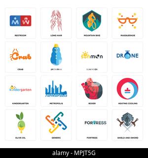 Set Of 16 simple editable icons such as shield and sword, fortress, generic, olive oil, heating cooling, restroom, crab, kindergarten, sun moon can be Stock Vector