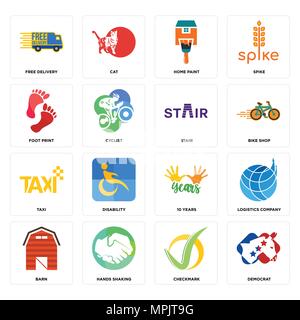 Set Of 16 simple editable icons such as democrat, checkmark, hands shaking, barn, logistics company, free delivery, foot print, taxi, stair can be use Stock Vector