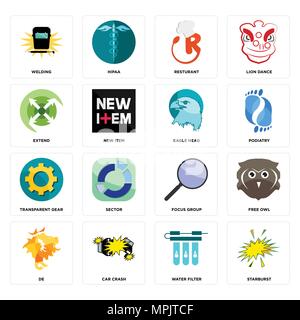 Set Of 16 simple editable icons such as starburst, water filter, car crash, de, free owl, welding, extend, transparent gear, eagle head can be used fo Stock Vector