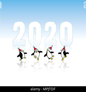 Four Happy Party Penguins wearing Santa Claus Hats Dancing in front of Frozen Year 2020 with reflections in Ice Stock Photo