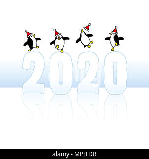 Four Happy Party Penguins wearing Santa Claus Hats Dancing on top of Frozen Year 2020 with reflections on Ice Stock Photo