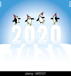 Four Happy Party Penguins wearing Santa Claus Hats Dancing on top of Frozen Year 2020 made in Snow dasting long shadows on Blue Horizon Stock Photo