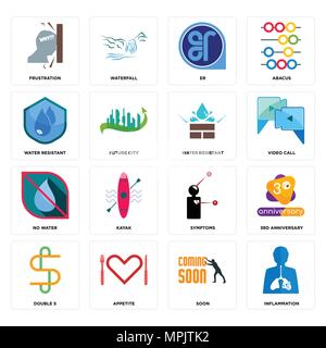 Set Of 16 simple editable icons such as inflammation, soon, appetite, double s, 3rd anniversary, frustration, water resistant, no water, resistant can Stock Vector