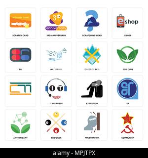 Set Of 16 simple editable icons such as communism, frustration, snooker, antioxidant, er, scratch card, 86, , crossed skis can be used for mobile, web Stock Vector