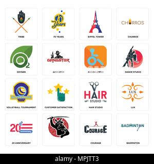 Set Of 16 simple editable icons such as badminton, courage, , 20 anniversary, lux, tribe, oxygen, volleyball tournament, handicapped can be used for m Stock Vector