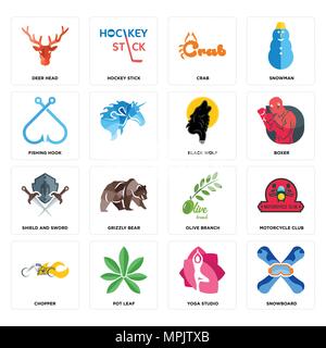 Set Of 16 simple editable icons such as snowboard, yoga studio, pot leaf, chopper, motorcycle club, deer head, fishing hook, shield and sword, black w Stock Vector