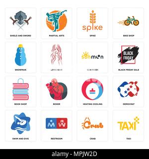 Set Of 16 simple editable icons such as taxi, crab, restroom, swim and dive, democrat, shield sword, snowman, book shop, sun moon can be used for mobi Stock Vector