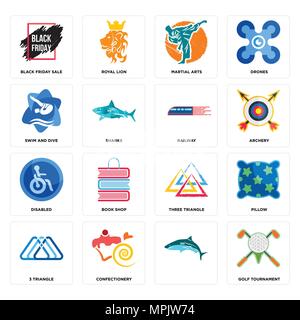 Set Of 16 simple editable icons such as golf tournament, , confectionery, 3 triangle, pillow, black friday sale, swim and dive, disabled, railway can  Stock Vector