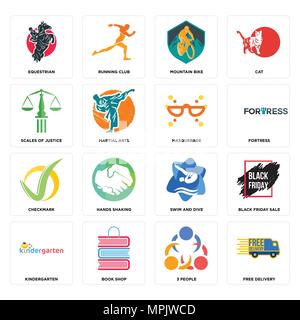 Set Of 16 simple editable icons such as free delivery, 3 people, book shop, kindergarten, black friday sale, equestrian, scales of justice, checkmark, Stock Vector