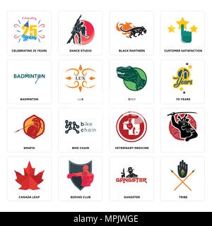 Set Of 16 simple editable icons such as tribe, gangster, boxing club, canada leaf, , celebrating 25 years, badminton, sparta, dino can be used for mob Stock Vector