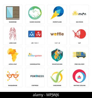 Set Of 16 simple editable icons such as heating cooling, checkmark, fortress, masquerade, free delivery, wardrobe, long hair, africa map, waffle can b Stock Vector