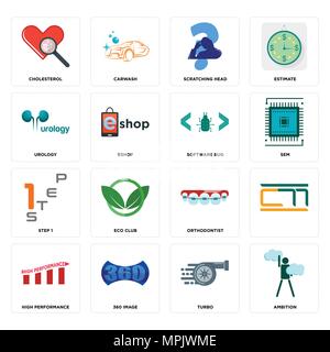 Set Of 16 simple editable icons such as ambition, turbo, 360 image, high performance, , cholesterol, urology, step 1, software bug can be used for mob Stock Vector