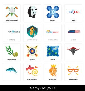Set Of 16 simple editable icons such as masquerade, royal lion, confectionery, , golf tournament, fortress, olive leaves, kindergarten can be used for Stock Vector
