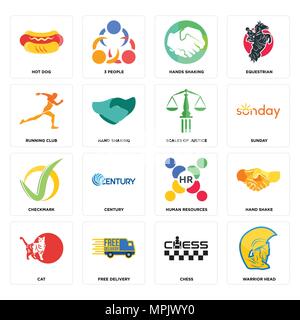 Set Of 16 simple editable icons such as warrior head, chess, free delivery, cat, hand shake, hot dog, running club, checkmark, scales of justice can b Stock Vector