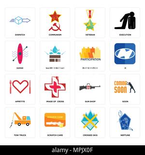 Set Of 16 simple editable icons such as neptune, crossed skis, scratch card, tow truck, soon, dispatch, kayak, appetite, participation can be used for Stock Vector