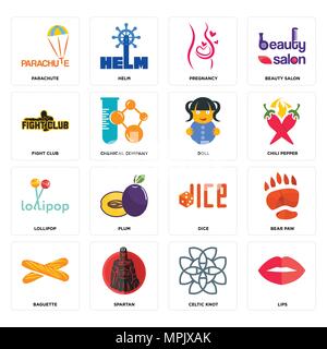 Set Of 16 simple editable icons such as lips, celtic knot, spartan, baguette, bear paw, parachute, fight club, lollipop, doll can be used for mobile,  Stock Vector