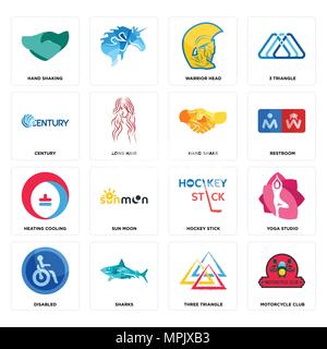 Set Of 16 simple editable icons such as motorcycle club, three triangle, sharks, disabled, yoga studio, hand shaking, century, heating cooling, shake  Stock Vector