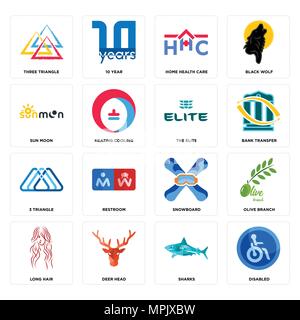 Set Of 16 simple editable icons such as disabled, sharks, deer head, long hair, olive branch, three triangle, sun moon, 3 the elite can be used for mo Stock Vector