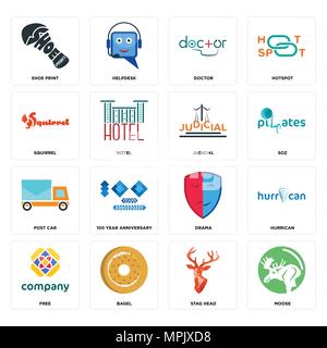 Set Of 16 simple editable icons such as moose, stag head, bagel, free, hurrican, shoe print, squirrel, post car, judicial can be used for mobile, web  Stock Vector