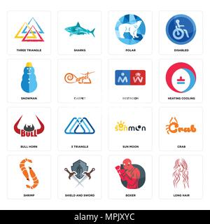 Set Of 16 simple editable icons such as long hair, boxer, shield and sword, shrimp, crab, three triangle, snowman, bull horn, restroom can be used for Stock Vector
