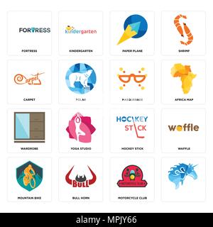 Set Of 16 simple editable icons such as, motorcycle club, bull horn, mountain bike, waffle, fortress, carpet, wardrobe, masquerade can be used for mob Stock Vector