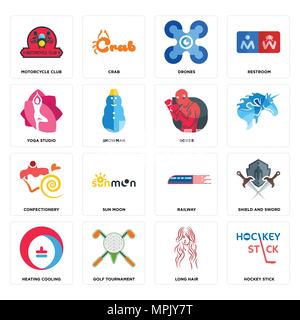 Set Of 16 simple editable icons such as hockey stick, long hair, golf tournament, heating cooling, shield and sword, motorcycle club, yoga studio, con Stock Vector