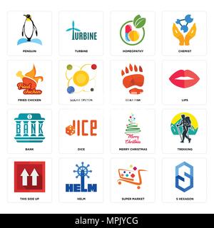 Set Of 16 simple editable icons such as s hexagon, super market, helm, this side up, trekking, penguin, fried chicken, bank, bear paw can be used for  Stock Vector