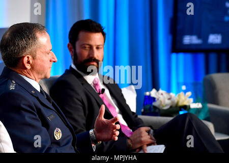 General David L. Goldfein participates in a panel discussion at the New America ASU Future of War conference on March 21, 2017, in Washington, D.C., highlighting trends in military strategy, integration of advanced technologies, cyber defense, and operational planning. The conference engages military officers, policymakers, and analysts to examine the implications of evolving warfare practices, innovation in defense capabilities, and future operational readiness requirements. Stock Photo