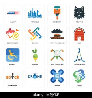 Set Of 16 simple editable icons such as cyclist, drones, , stick figure, hockey sticks, railway, confectionery, disability, happy thanksgiving can be  Stock Vector