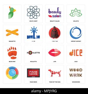 Set Of 16 simple editable icons such as woodwork, year of the dog, fake news, , dice, baguette, bear paw, spartan can be used for mobile, web UI Stock Vector