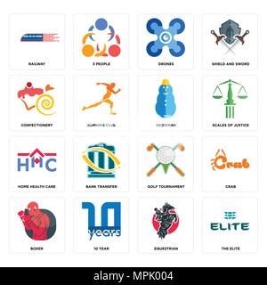 Set Of 16 simple editable icons such as the elite, equestrian, 10 year, boxer, crab, railway, confectionery, home health care, snowman can be used for Stock Vector