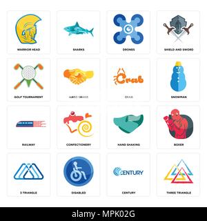 Set Of 16 simple editable icons such as three triangle, century, disabled, 3 boxer, warrior head, golf tournament, railway, crab can be used for mobil Stock Vector