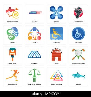 Set Of 16 simple editable icons such as sharks, three triangle, scales of justice, running club, golf tournament, confectionery, cyclist, home paint,  Stock Vector