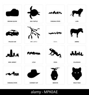 Set Of 16 simple editable icons such as wolf face, beehive, cowboy hat, virginia state, colorado, boxing glove, police car, new jersey, cuba can be us Stock Vector