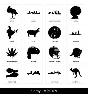 Set Of 16 simple editable icons such as kangaroo, arkansas, , turkey leg, raccoon, stork, india, marijuana leaf, yin yang can be used for mobile, web  Stock Vector
