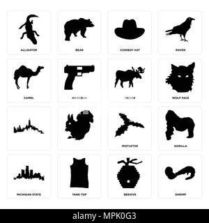 Set Of 16 simple editable icons such as shrimp, beehive, tank top, michigan state, gorilla, alligator, camel, , moose can be used for mobile, web UI Stock Vector