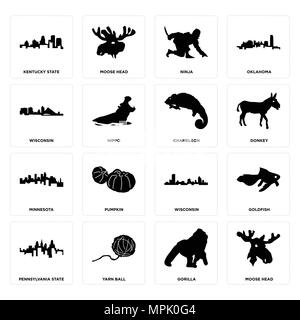 Set Of 16 simple editable icons such as moose head, gorilla, yarn ball, pennsylvania state, goldfish, kentucky wisconsin, minnesota, chameleon can be  Stock Vector