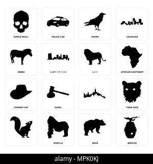 Set Of 16 simple editable icons such as beehive, bear, gorilla, , tiger face, skull, zebra, cowboy hat, lion can be used for mobile, web UI Stock Vector
