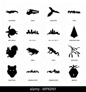 Set Of 16 simple editable icons such as beehive, virginia state, wolf face, mistletoe, alligator, sea turtle, , michigan state can be used for mobile, Stock Vector