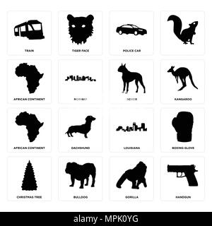 Set Of 16 simple editable icons such as handgun, gorilla, bulldog, christmas tree, boxing glove, train, african continent, boxer can be used for mobil Stock Vector