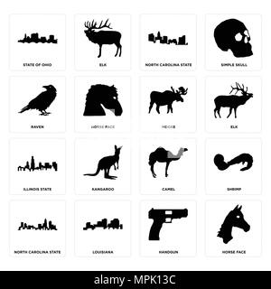 Set Of 16 simple editable icons such as horse face, handgun, louisiana, north carolina state, shrimp, state of ohio, raven, illinois moose can be used Stock Vector