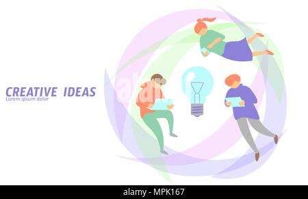 People meeting business concept creative idea. Man flying gadgets tablet light bulb lamp symbol working project growth. Flat color vector illustration Stock Vector