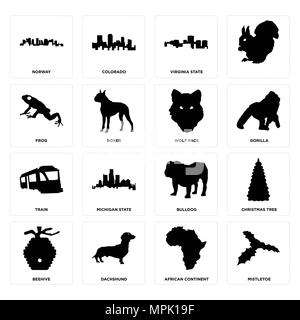 Set Of 16 simple editable icons such as mistletoe, african continent, dachshund, beehive, christmas tree, norway, frog, train, wolf face can be used f Stock Vector