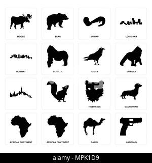 Set Of 16 simple editable icons such as handgun, camel, african continent, dachshund, moose, norway, , raven can be used for mobile, web UI Stock Vector