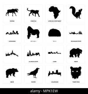 Set Of 16 simple editable icons such as tiger face, colorado, raven, bear, moose, louisiana, , taco can be used for mobile, web UI Stock Vector